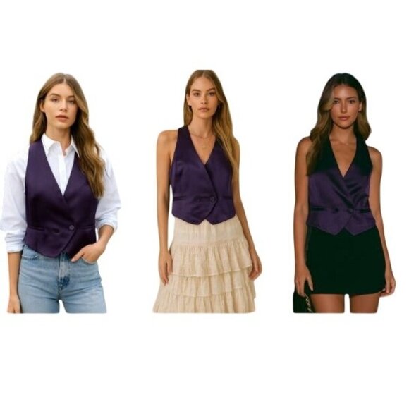 Designer Jason Wu Purple Satin Sleeveless Tailored Vest 10 Quiet Luxury Boho - Picture 1 of 14